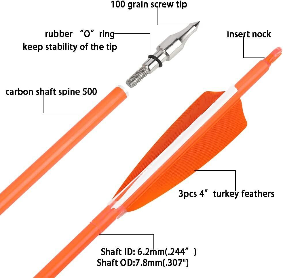 12pcs 30" Mixed Carbon Arrows Archery 4" Turkey Feather SP600 Arrowhead Bow Shooting Hunting